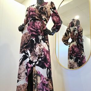 Le Château Long Asymmetrical Faux Wrap Dress – Abstract Floral – Zipper Back – M